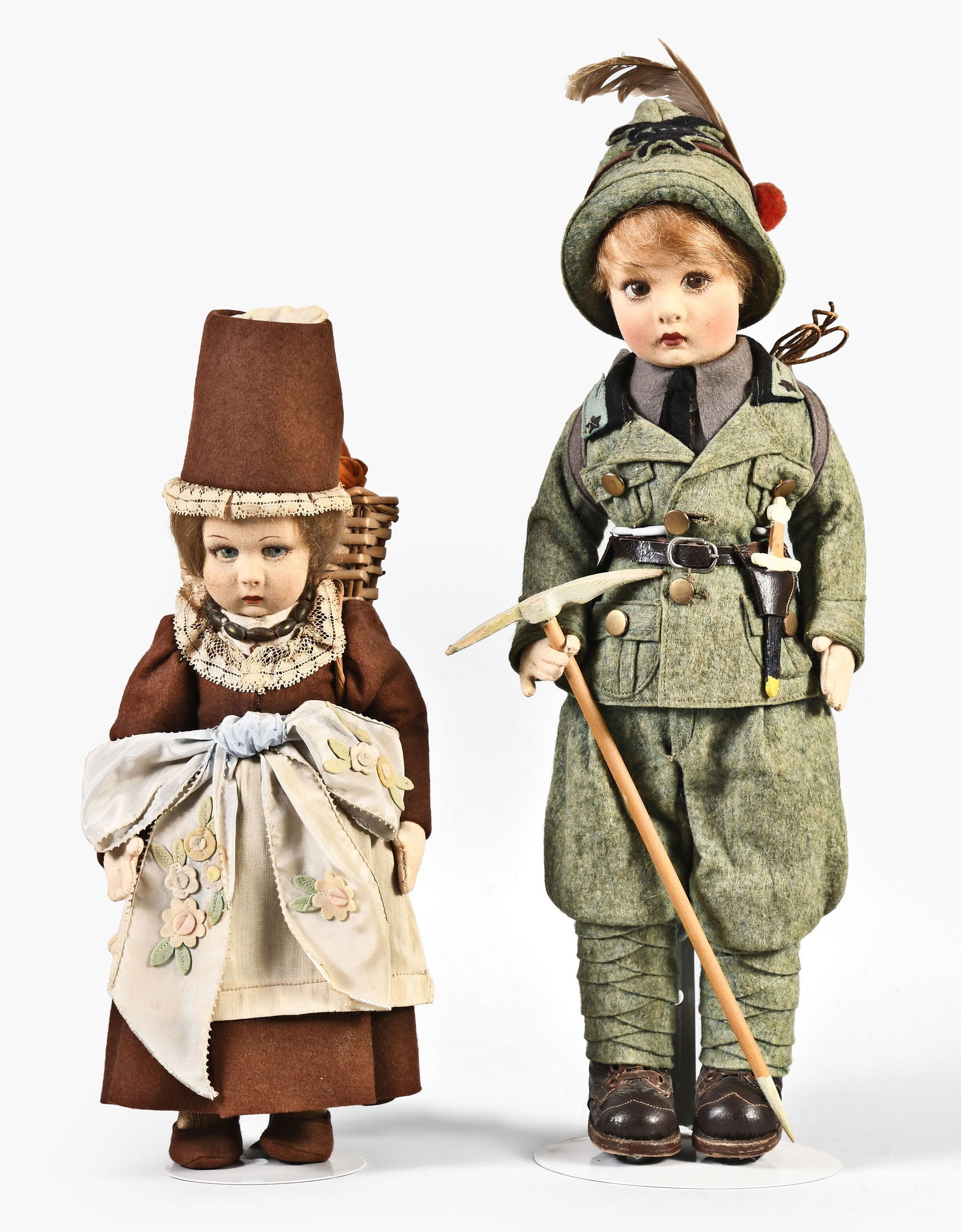 A lot of two Lenci felt dolls, a boy soldier or climber, and val gardena girl (1 of 4)