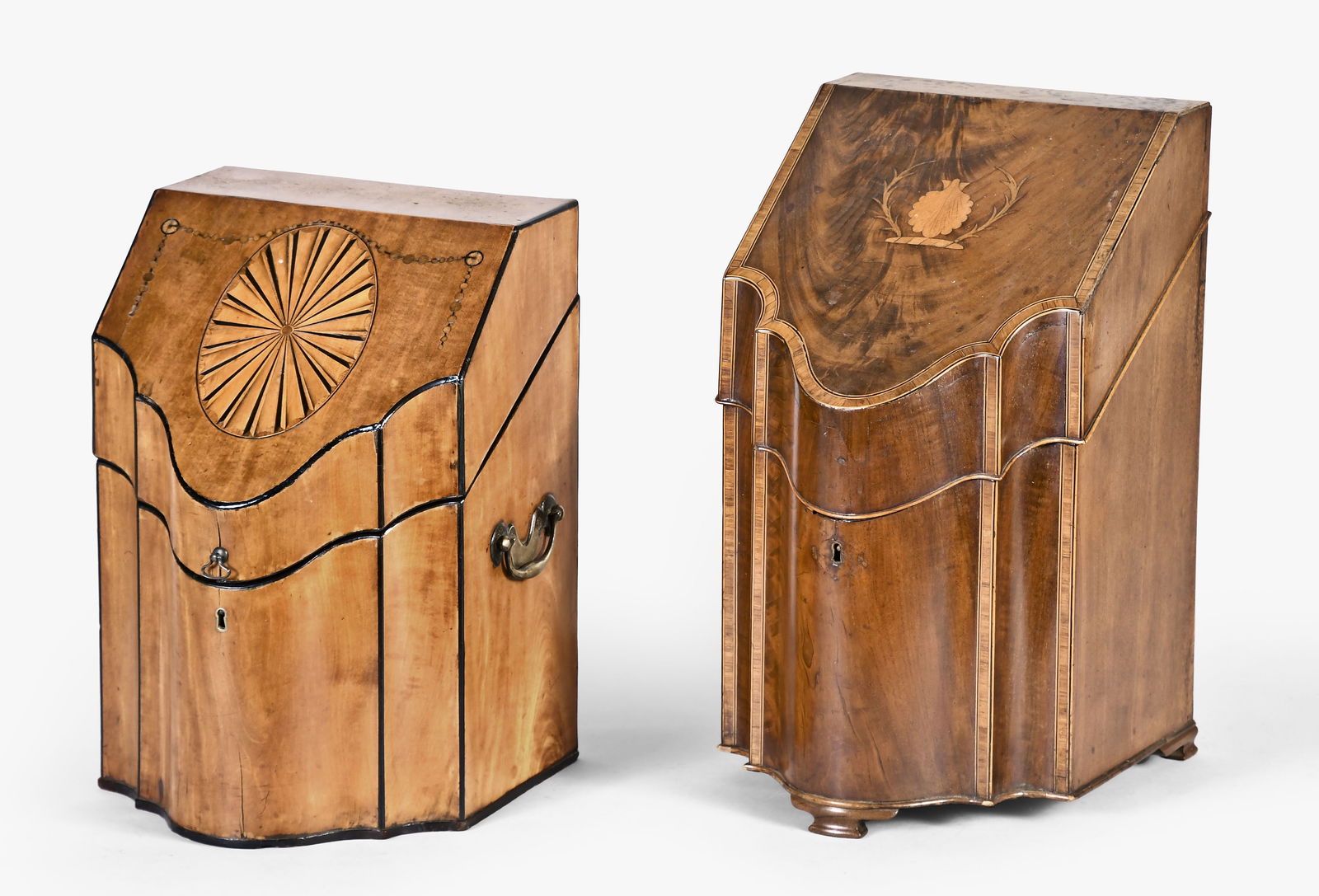 A lot of two late 18th - early 19th century English serpentine front knife and cutlery boxes (1 of 8)