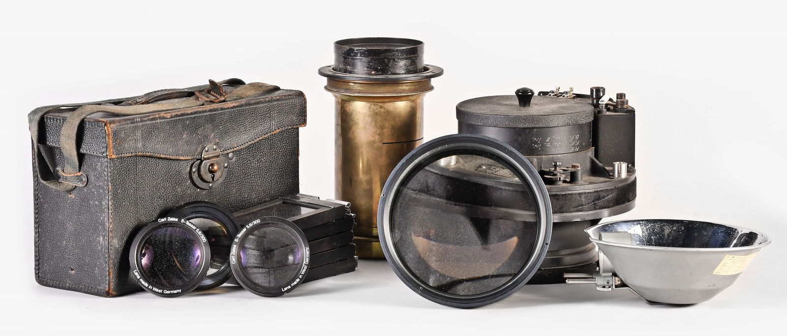 Lot of photography equipment, cameras, and lenses: Photography equipment, cameras, and lenses including a Thorton Picard camera, two synchronized range finders with press cameras, one from Graflex Kalart with an attached Busch synchronizer and a secon