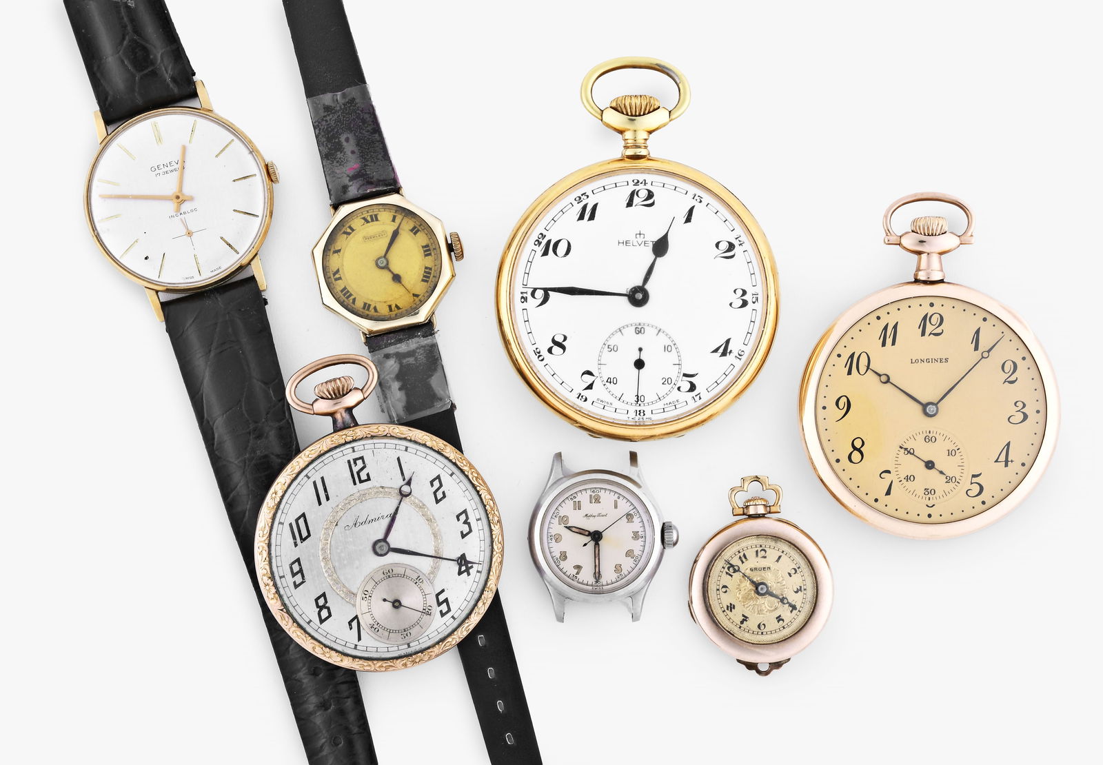 A lot of seven wrist and pocket watches: 7 (Seven) wrist and pocket watches, makers including Longines, Helvetia, Mathey Tissot, Gruen, and others, 7 - 17 jewel movements, enamel and metal dials, and stainless steel and gold filled cases