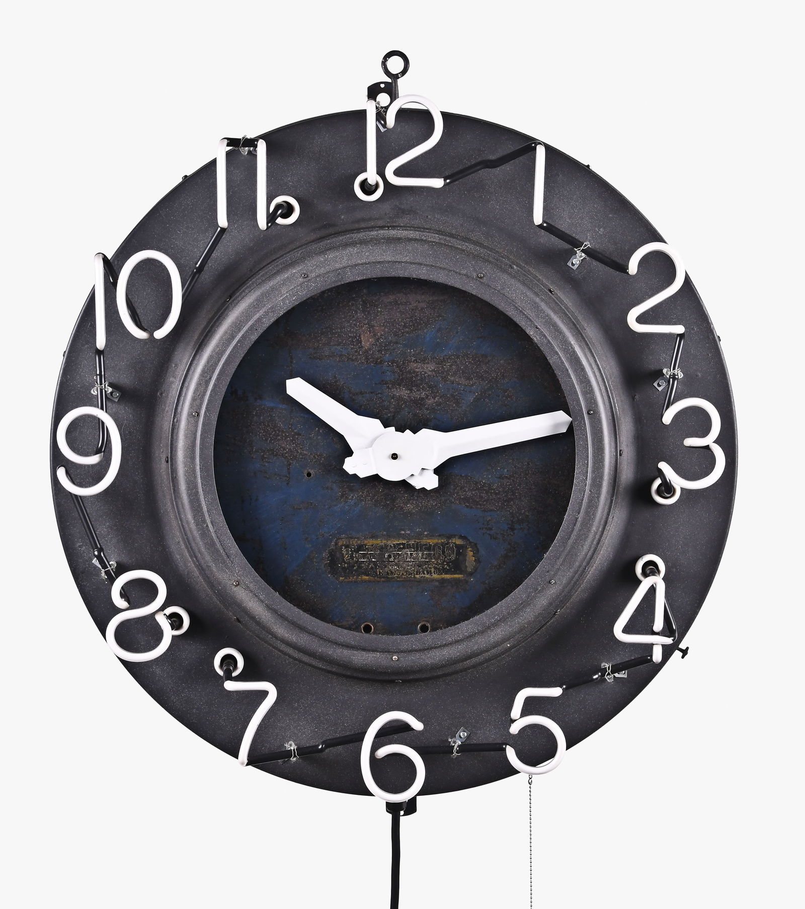 A large unusual neon hanging clock: A large unusual mid-century circular hanging neon clock in a painted iron case with green neon numerals around periphery and red backlit center with white painted hands