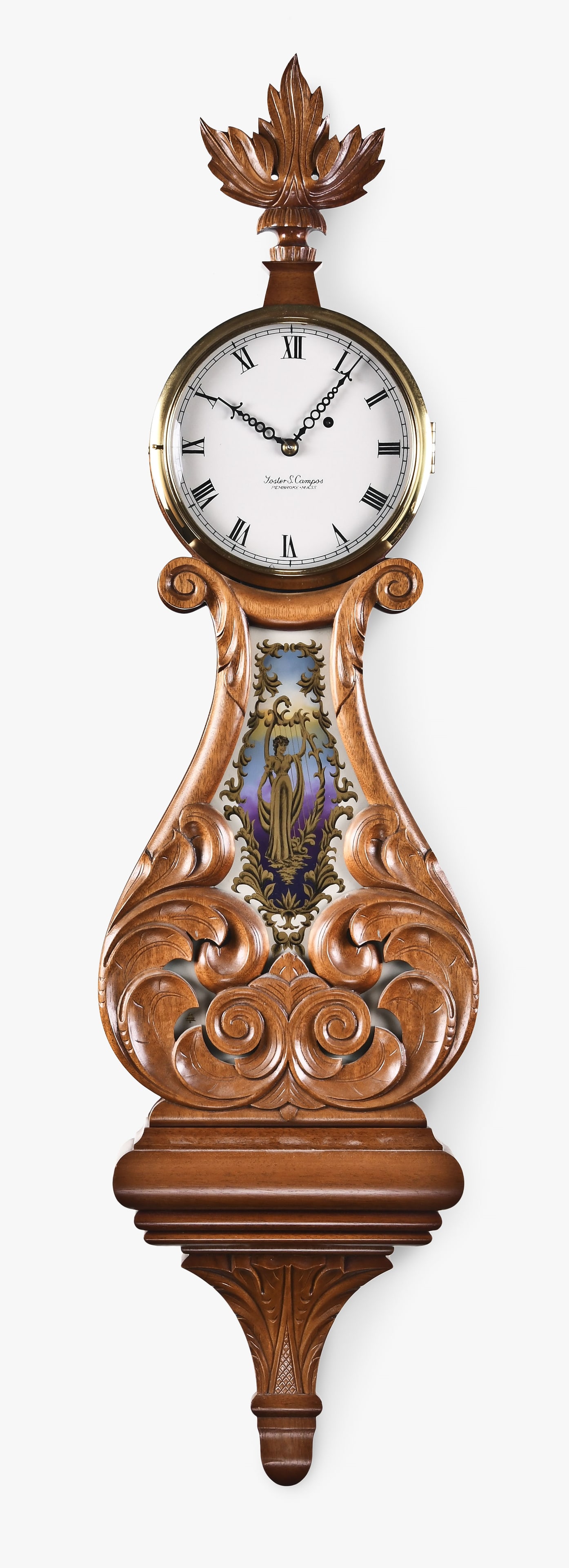 Foster Campos carved lyre wall clock.: Foster Campos, Pembroke, Mass., carved true lyre hanging clock, mahogany case with painted metal dial, Curtis type hands, and 8 day, weight driven brass movement. Case is stamped "1" and "04"