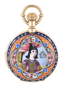 A fine and rare minute repeating enamel pocket watch with portrait of Qajar Prince Tahmasp Mirza