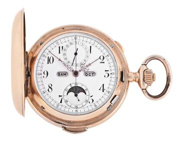 An early 20th century gold Swiss quarter repeating pocket chronograph with calendar