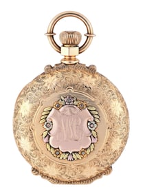 An 18 size Waltham pocket watch with heavy four color gold box hinge hunting case