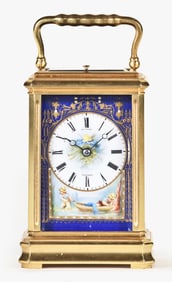 A very decorative French late 19th century repeating carriage clock with polychrome porcelain panels