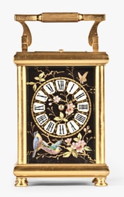 Louis Achille Brocot carriage clock with decorative Japonisme influenced porcelain panels