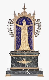 A good late 19th century bras en l'air mantel clock by A. Rousseau