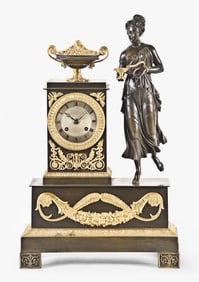 A good French gilt and patinated bronze figural clock representing the cardinal virtue Prudence
