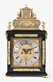 A fine Queen Anne basket top table clock with pull quarter repeating by Claudius DuChesne