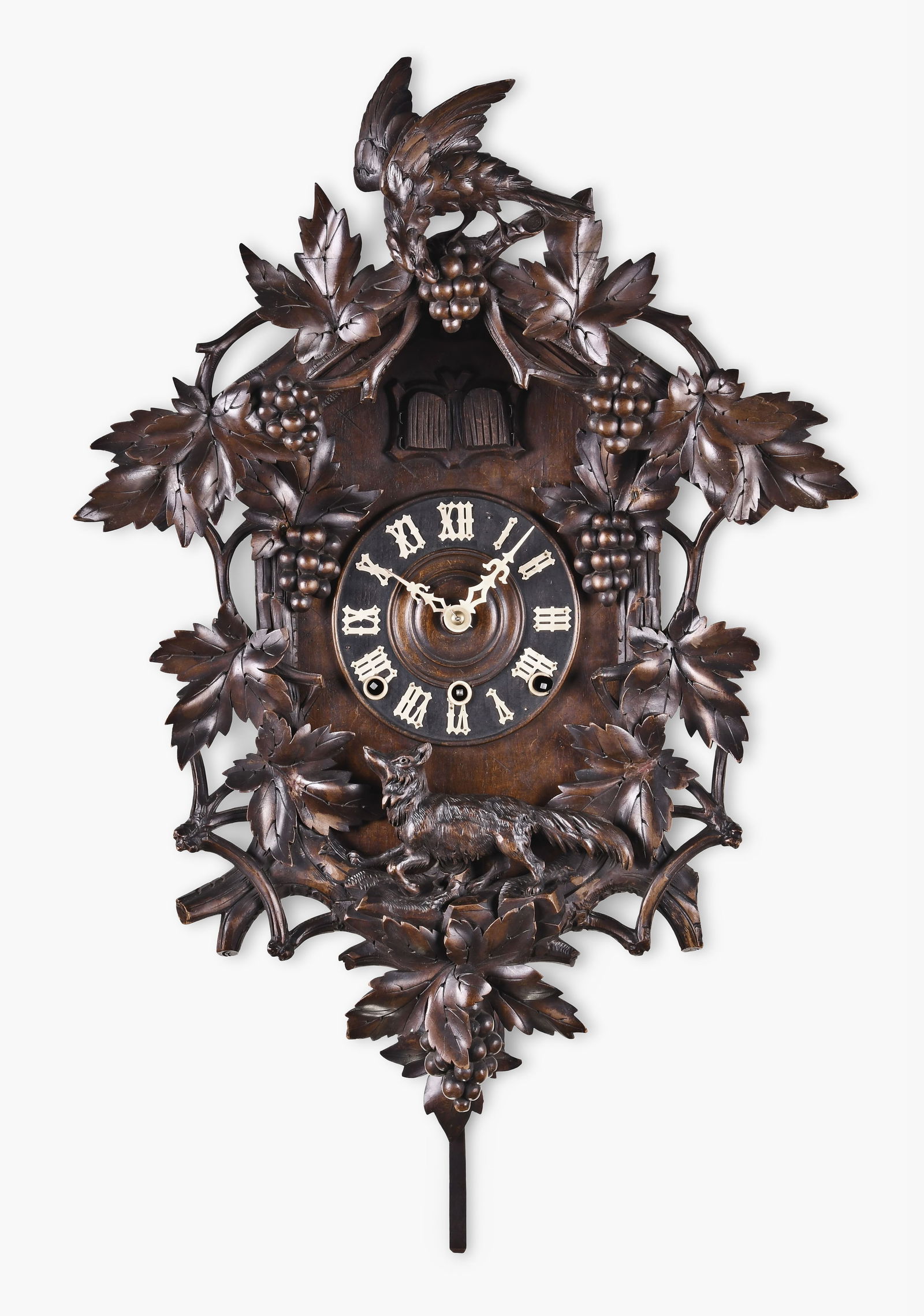 Black Forest cuckoo and quail wall clock carved with fox and grapes motif: Black Forest, Germany, cuckoo and quail wall clock, hand carved "fox and grapes" motif adorned with lattice, grape leaves and vine work with mounted eagle, wooden dial with applied numerals, carved bo