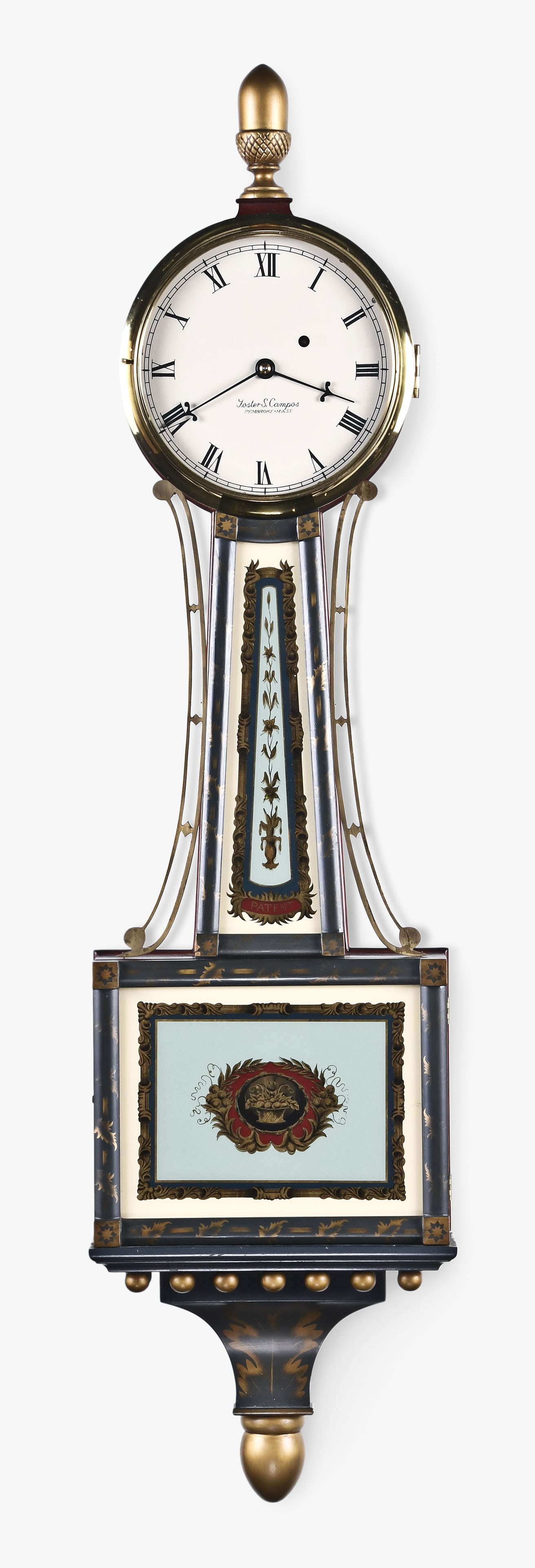 Foster Campos presentation banjo hanging clock: Foster Campos, Pembroke, Mass., presentation banjo clock, mahogany case with painted metal dial and reverse painted throat and lower tablets, Curtis type hands, and eight day, weight driven brass move