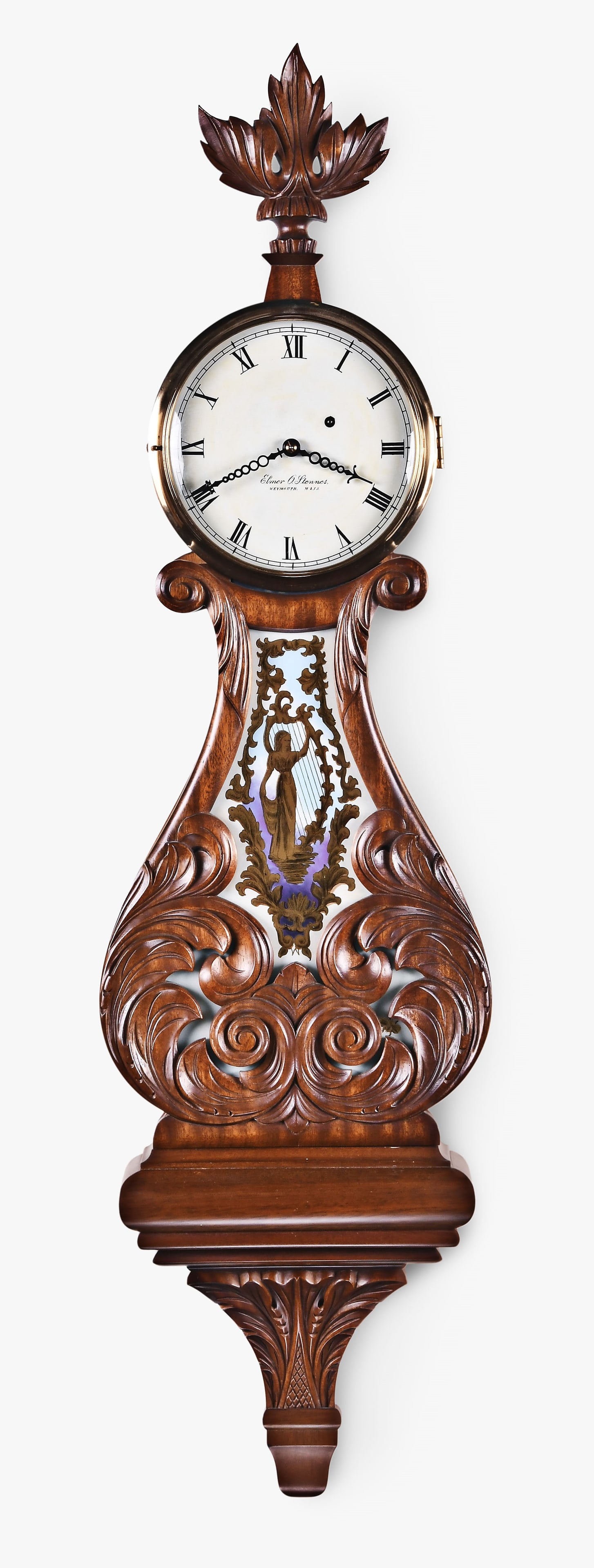 Elmer O. Stennes carved true lyre hanging banjo clock: Elmer O. Stennes, Weymouth, Mass., carved true lyre banjo clock, mahogany case with reverse painted tablet, painted metal dial, Curtis type hands, and eight day, weight driven brass movement