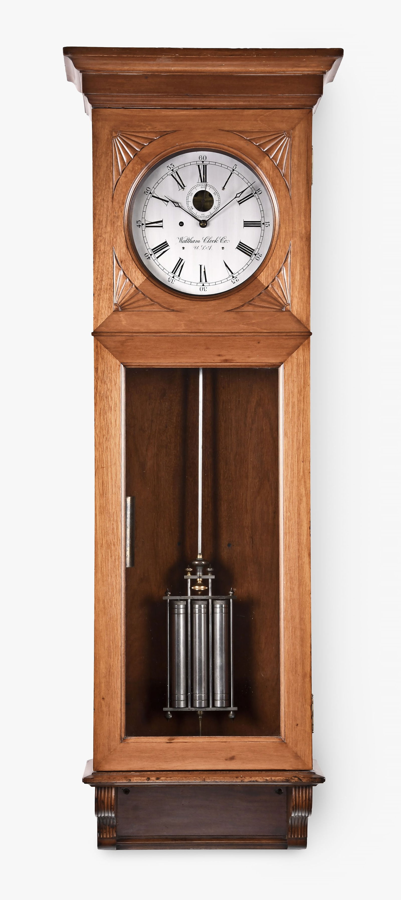 Waltham Clock Co. Regulator No. 14 wall regulator: Waltham Clock Co., Waltham, Mass, "Regulator No. 14", wall clock with solid mahogany case, silvered brass dial, diamond hands, eight day weight driven timepiece movement with maintaining power, heavy