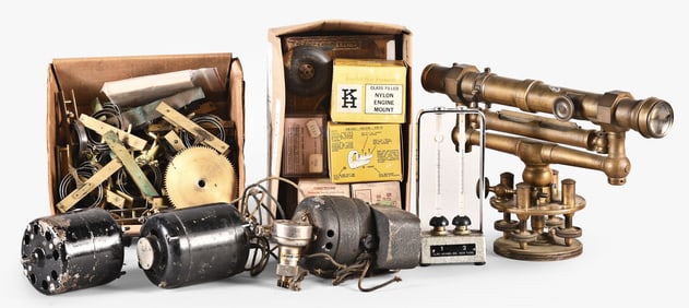A lot including a Wye survey level, model airplane and thermometer parts