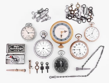 A small lot of pocket watches, a chain and keys