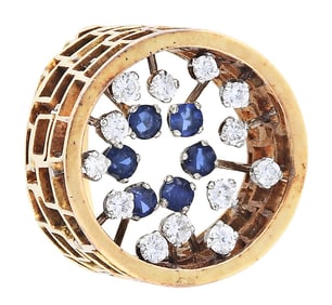A good late 1960's gold diamond and sapphire crown ring by John Donald