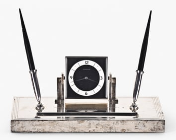 A sterling silver pen holder with clock signed Tiffany & Co .