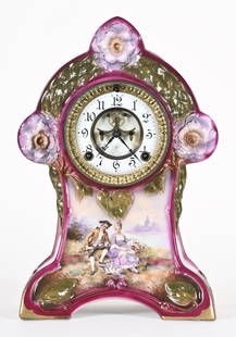 Ansonia Clock Co. La Moselle porcelain mantel clock: Ansonia Clock Co., New York, NY, "LaMoselle" shelf clock, Royal Bonn Porcelain case, enameled dial, Fleur de Lis hands, eight day spring driven time and strike movement with visible escapement