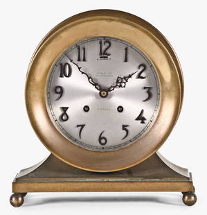 Chelsea Clock Co. Base & Ball mantel clock: Chelsea Clock Co., Boston, Mass. "Base & Ball" mantel clock, 6 inch "special" silvered brass dial inscribed by retailer "Shreve & Co, San Francisco" with applied bronze arabic numerals and matching br