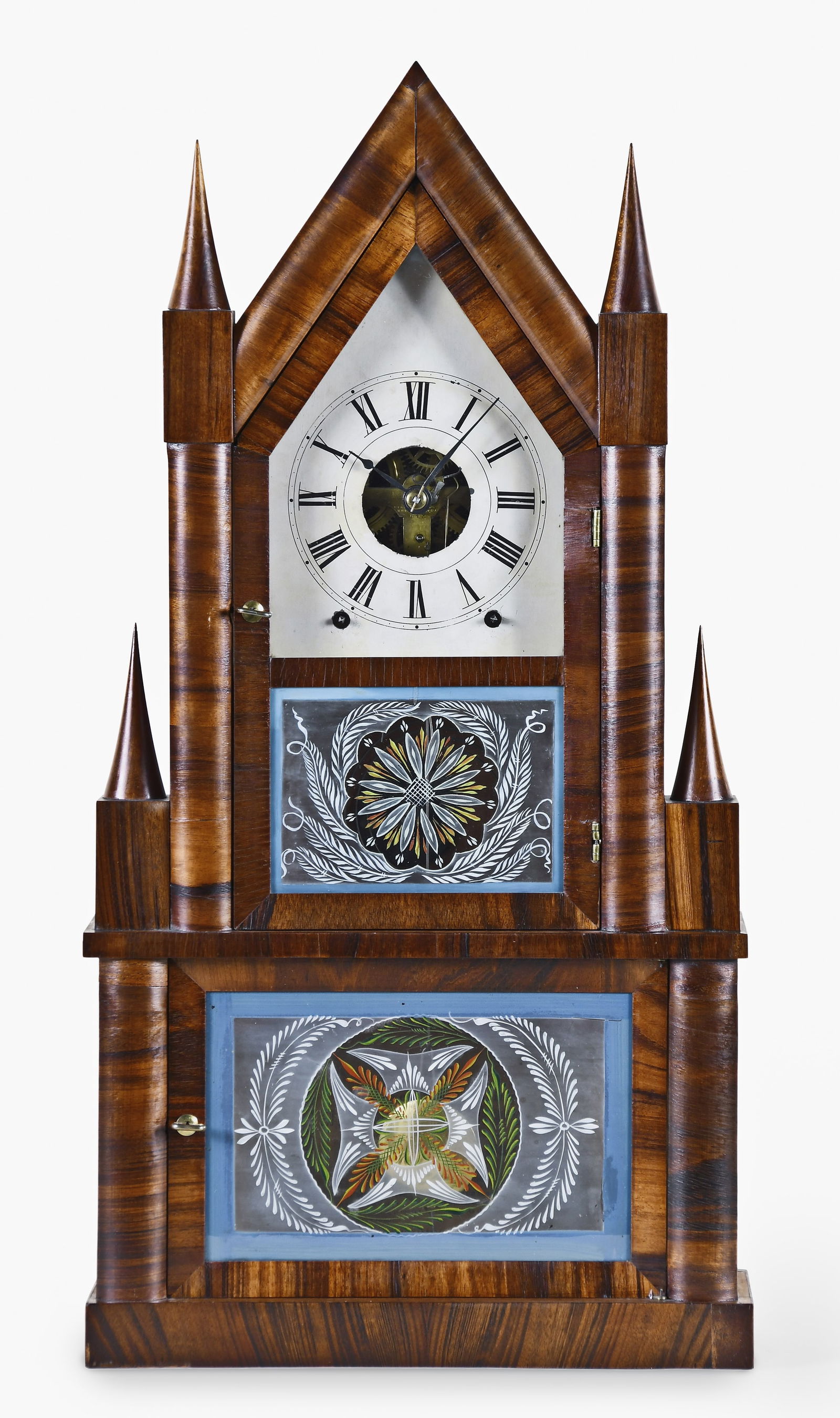 A Birge & Fuller sharp gothic on frame or double steeple shelf clock: Brige & Fuller, Bristol, Conn., a sharp gothic on frame or double steeple shelf clock with rosewood veneered case, painted metal dial, eight day, time and strike, spring drive, detached fusee brass mo