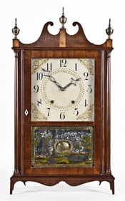 An Eli Terry wood movement pillar & scroll shelf clock