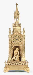 A good mid 19th century French gothic tower form gilt bronze mantel clock: France, a good mid 19th century gothic tower form mantel clock, the rectangular base with cherub mask feet and balustrade with foliate ornament below a tower with ornate, hexagonal columns flanking a