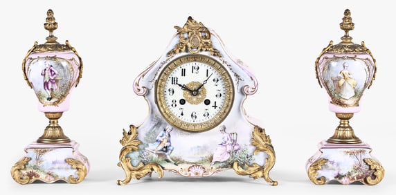 Marti & Cie three piece porcelain clock garniture
