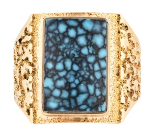 A Navajo tufa cast gold and mosaic turquoise ring by Al Nez