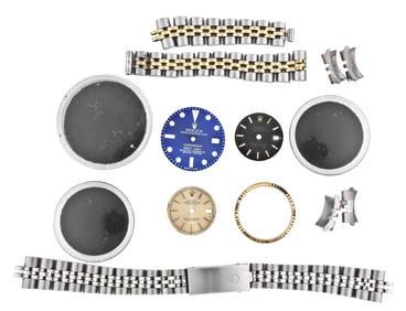 A lot of two lady's Rolex gold and stainless steel Jubilee bracelets, dials and a bezel