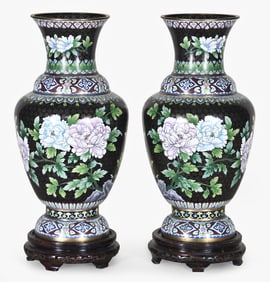 A pair of large Chinese cloisonne vases with wooden bases