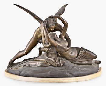 A late 19th century French bronze group featuring Amour et Psyche after Canova