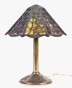 An early 20th century maple leaf overlay slag glass lamp
