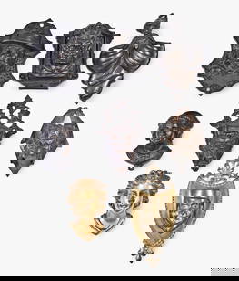 A good lot of eight figural cast iron and bronze match safes: A good lot of eight figural cast iron and bronze match safes, including two with image of Lucifer, one signed "Cozzi", one with image of Dionysius signed "Marotti", one featuring a farmer, one with gi