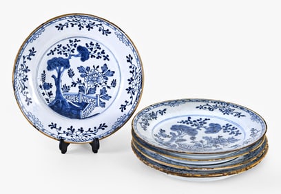 A lot of six late 18th century Dutch Delft chinoiserie plates with axe mark