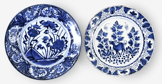 A lot of two blue and white Delft and salt glazed stoneware chargers