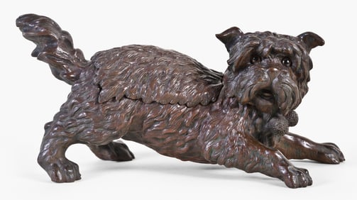 An exceptional late 19th - early 20th century patinated bronze Affenpinscher inkstand