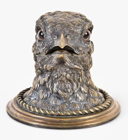 A good late 19th - early 20th century European bronze bird head form inkwell