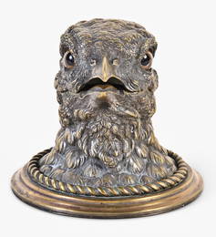 A good late 19th - early 20th century European bronze bird head form inkwell