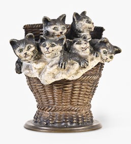 A good late 19th - early 20th century European cold painted bronze Basket of Kittens inkwell