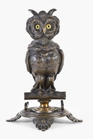 A very good late 19th century European patinated bronze owl form inkwell