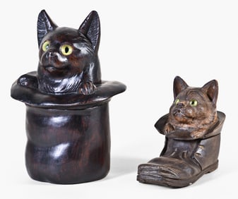 A good Black Forest carved cat in a hat tobacco box and cat in a shoe inkwell