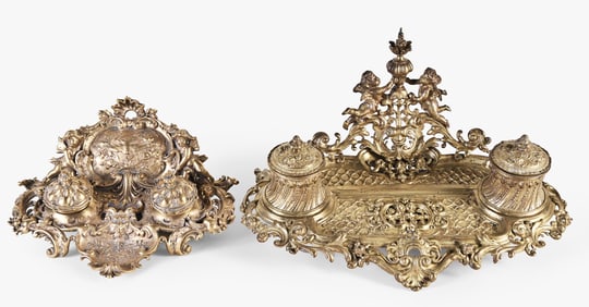 A good lot of late 19th - early 20th century decorative brass desk accessories