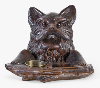 A good late 19th - early 20th century Black Forest souvenir carved Scottish Terrier form tobacco box