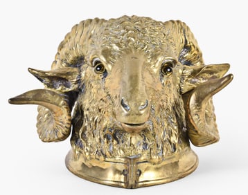A good early 20th century European cast brass ram's head form tobacco box