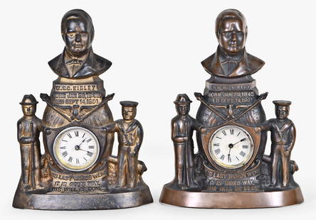 A lot of two McKinley memorial novelty clocks: 2 (Two) McKinley commemorative novelty clocks in metal cases with bronze finish, indicating the dates for his birth and death and the quote "HIS LAST WORDS WERE / IT IS GOD'S WAY / HIS WILL BE DONE",