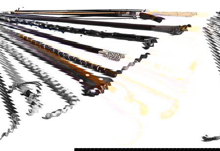 A lot of nine antique canes and umbrellas: 9 (Nine) antique canes and umbrellas including a sword cane with a fancy pewter handle, a gadget cane with umbrella, a rosewood cane with carved monkey handle, a hardwood cane with silver marked crook