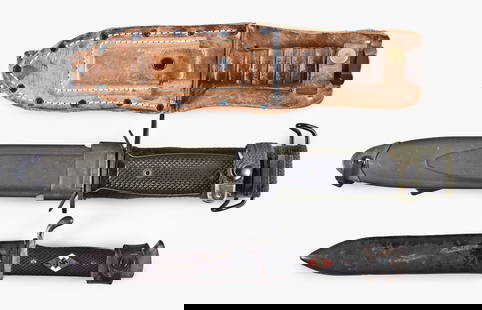 A lot of three military style knives: 3 (Three) knives including a M7/13 knife by Arthur Schuttelhofer & Co Solingen for the Hitler Youth, a Camillus No. 5-1967 hunting knife and and a trench knife fitted for bayonet use