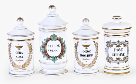 A lot of eight very decorative late 19th - early 20th century French ceramic apothecary jars
