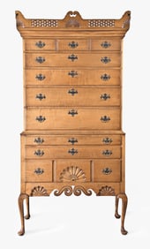 A good late 20th century Eldred Wheeler curly maple Dunlap style highboy